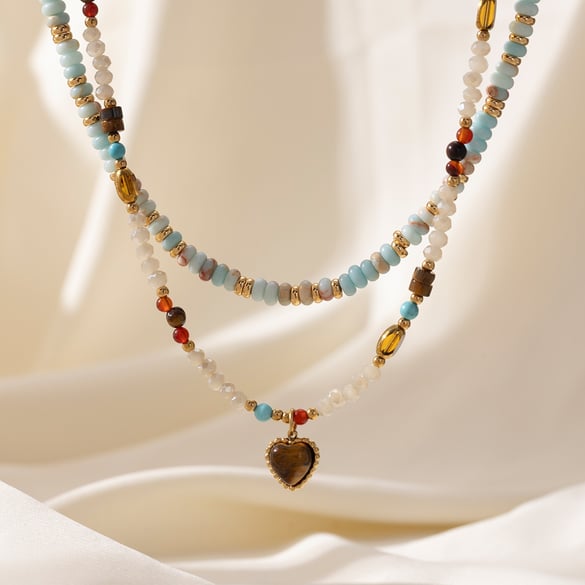 1 Piece Retro Heart Natural Stones Beaded Necklace