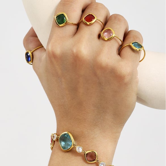 1 Piece Elegant Rectangle Stainless Steel Gold Color Statement Rings 2
