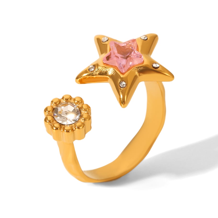 1 Piece Daily Star Stainless Steel Gold Color Zircon Statement Rings 