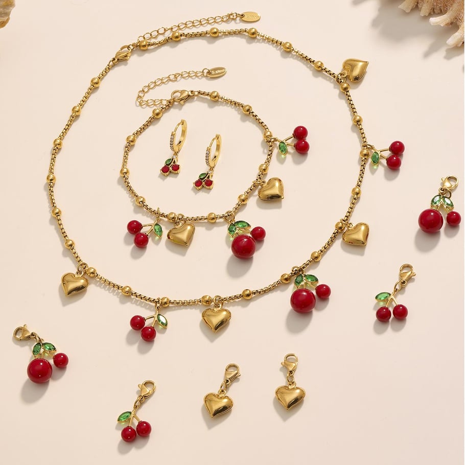 Set di gioielli da donna in acciaio inossidabile color oro, 1 pezzo, colore ciliegia intenso Immagine8
