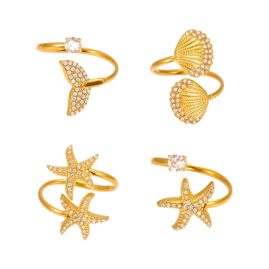 1 pezzo di anello con pietre preziose da donna in acciaio inossidabile color oro a forma di stella marina oceanica Immagine6