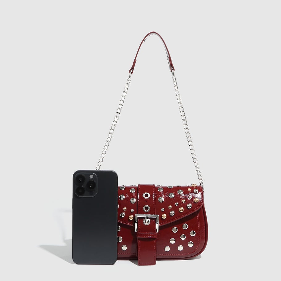 Bolso de hombro para mujer de PU con remaches de color sólido, estilo hip-pop/rock, serie simple, 1 pieza Imagen3