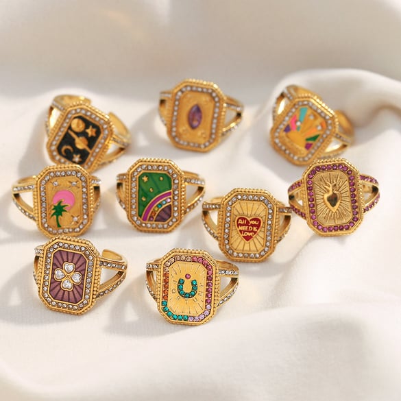 Bague de déclaration rétro en acier inoxydable couleur or avec motif de tarot, 1 pièce 2