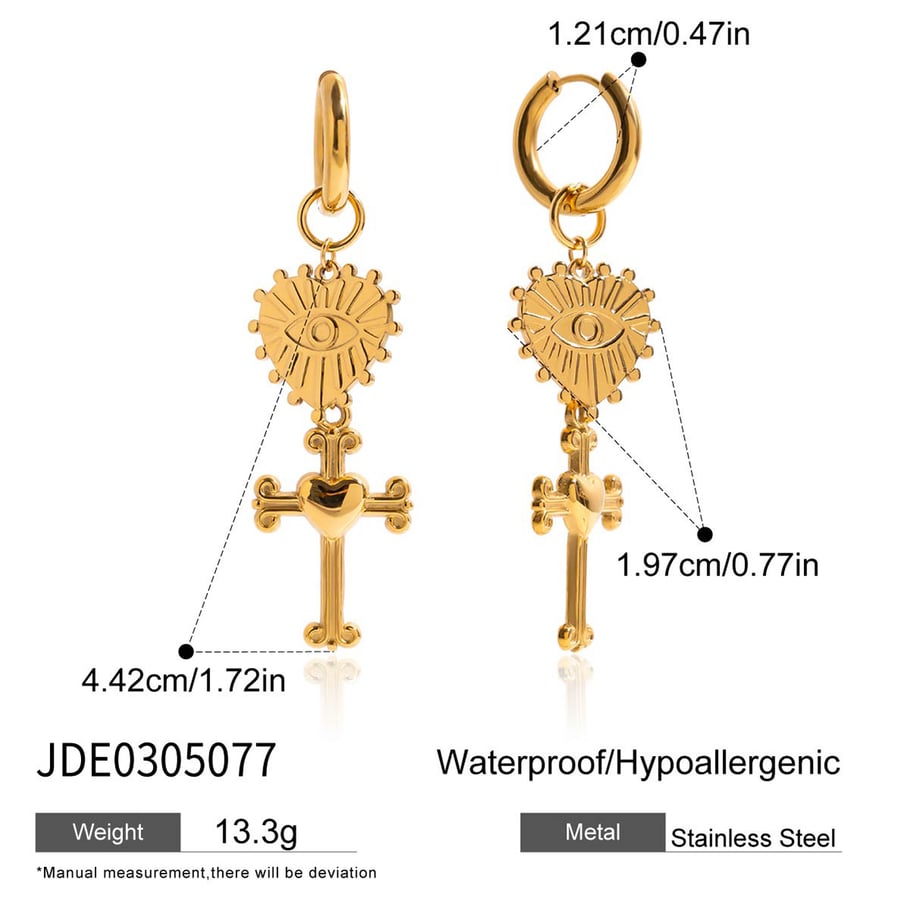 1 par de pendientes colgantes retro de acero inoxidable con forma de corazón y cruz, color dorado, para mujer Imagen2