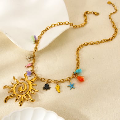 1 pezzo di collana con ciondolo da donna in acciaio inossidabile a forma di pesce con sole per le vacanze di lusso h5 Immagine3