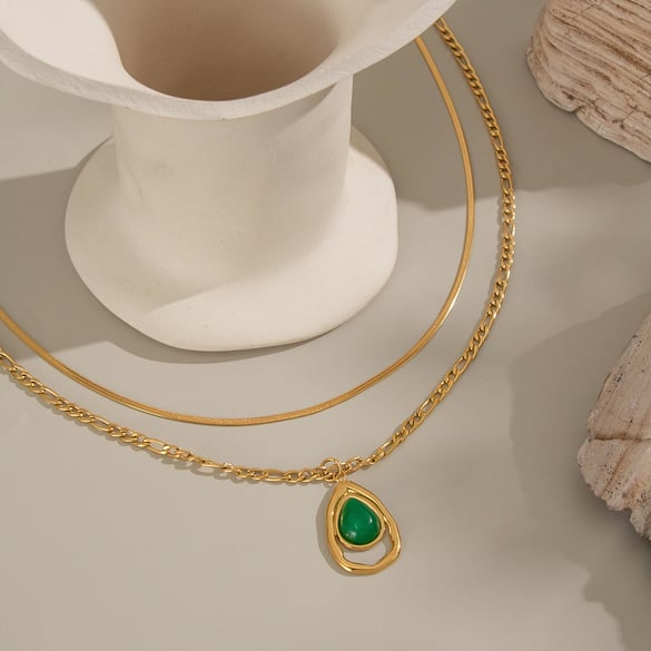 1 Piece Ethnic Droplet Stainless Steel Gold Color Natural Stone Layered Necklace
