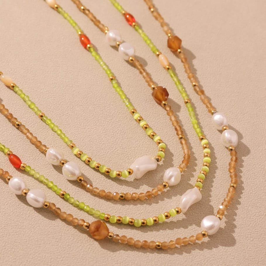 1 collar elegante de cuentas con piedras naturales de color dorado para mujer. Imagen3