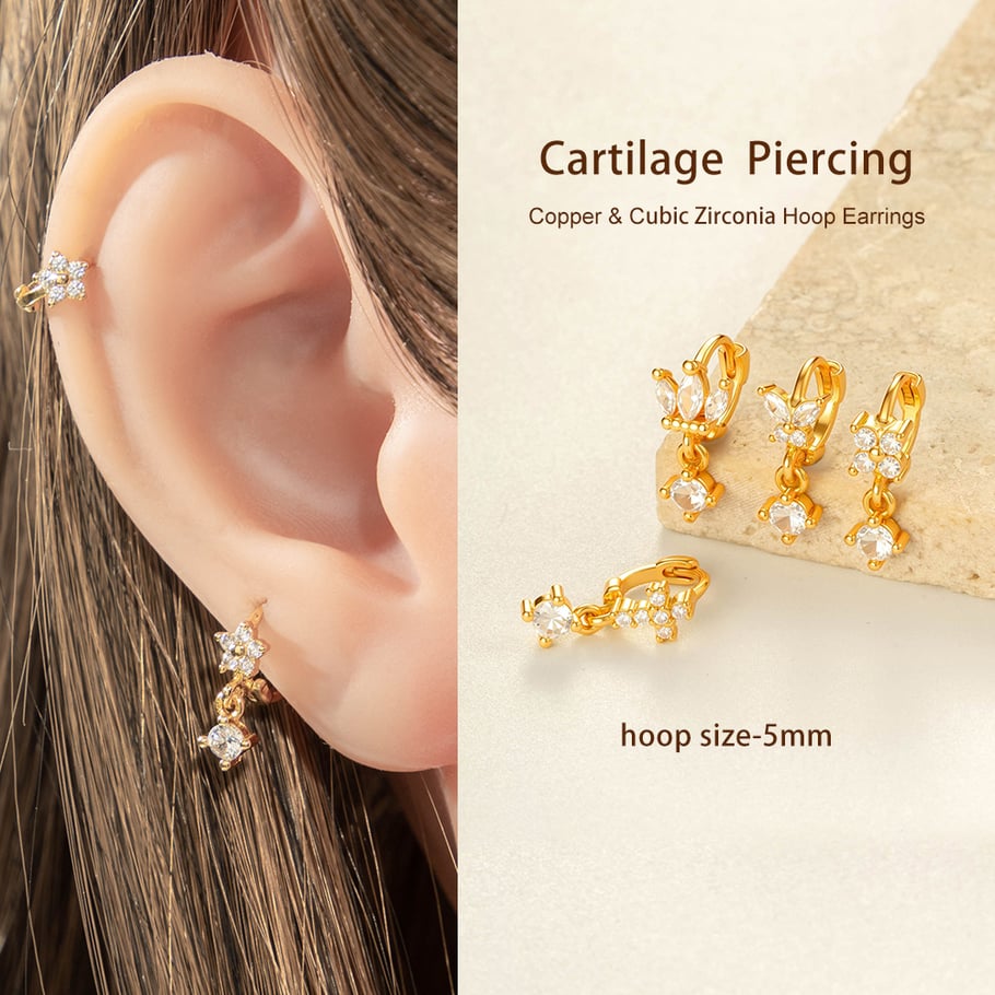 1 Adet Kelebek Bakır Altın Rengi Zirkonyum Piercing Küpe Resim4