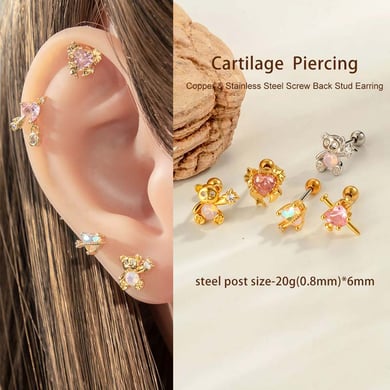 1 pieza de pendientes de perforación para mujer con circonitas de color cobre y dorado de Sweet Bear h5 Imagen5