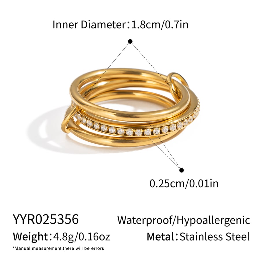 1 Piece Simple  Patchwork Stainless Steel Gold Color  Rhinestone Statement Rings 