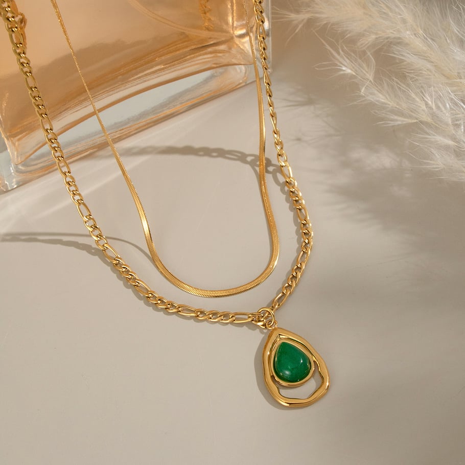 1 Piece Ethnic Droplet Stainless Steel Gold Color Natural Stone Layered Necklace Picture3