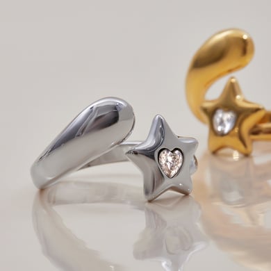 Anillos llamativos de acero inoxidable color oro blanco con diseño de estrella de 1 pieza h5 Imagen4