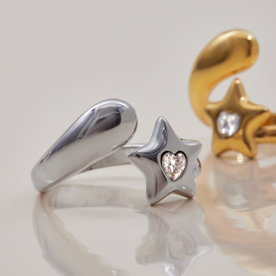 Anillos llamativos de acero inoxidable color oro blanco con diseño de estrella de 1 pieza Imagen4