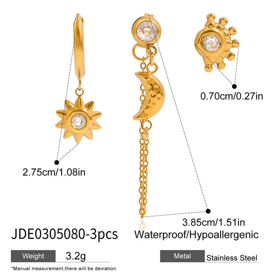 1 juego de pendientes elegantes de acero inoxidable color dorado con diseño de sol y luna para mujer. Imagen2
