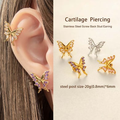 1 stuk vlinder koper goudkleurige zirkoon piercing oorbel h5 Afbeelding4