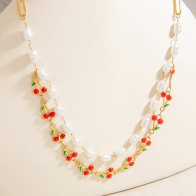 Collar de capas de acero inoxidable con cereza natural simple para mujer de 1 pieza h5 Imagen3