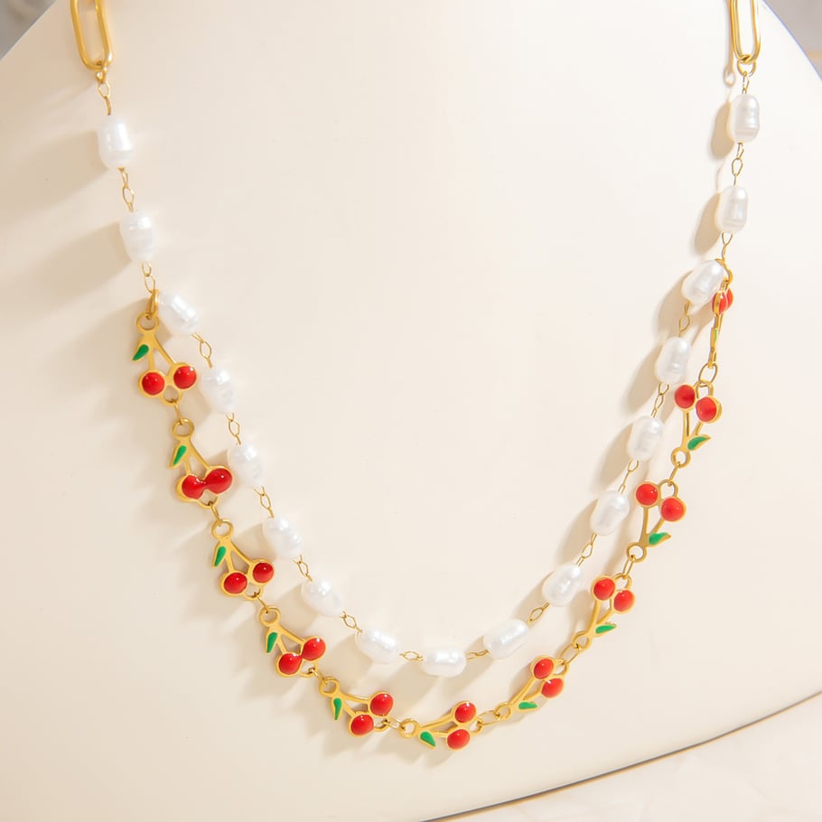 Collar de capas de acero inoxidable con cereza natural simple para mujer de 1 pieza Imagen3