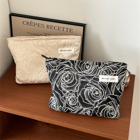 Bolsa de maquillaje de poliéster para mujer, serie simple, con diseño retro de flores, 1 unidad