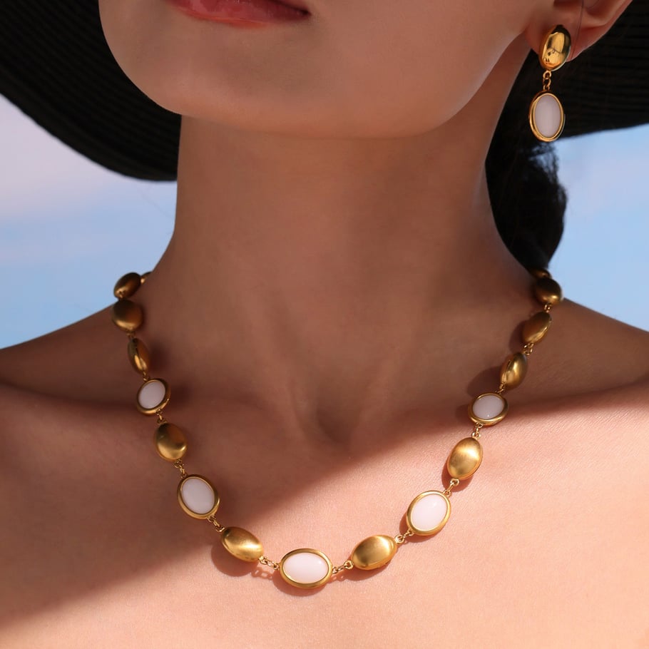 Set di collane da donna in acciaio inossidabile color oro con opale di forma ovale elegante da 1 pezzo Immagine3