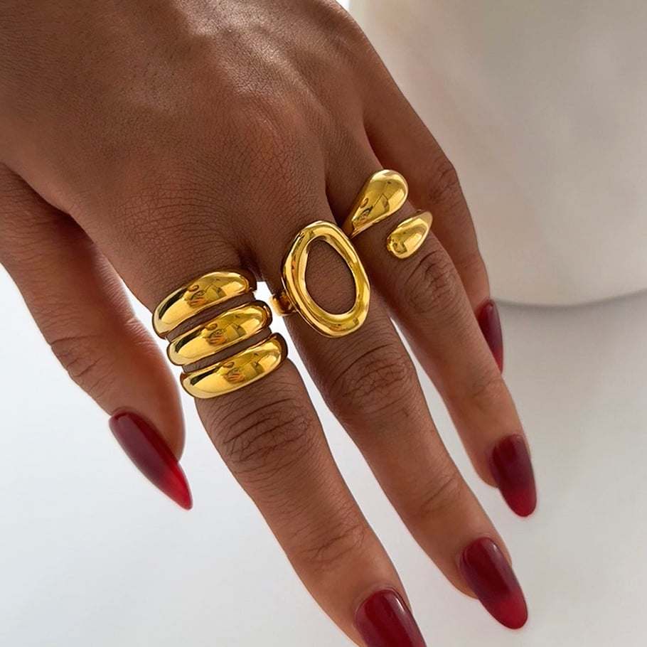Anillos llamativos de acero inoxidable en color dorado con forma irregular simple de 1 pieza Imagen4