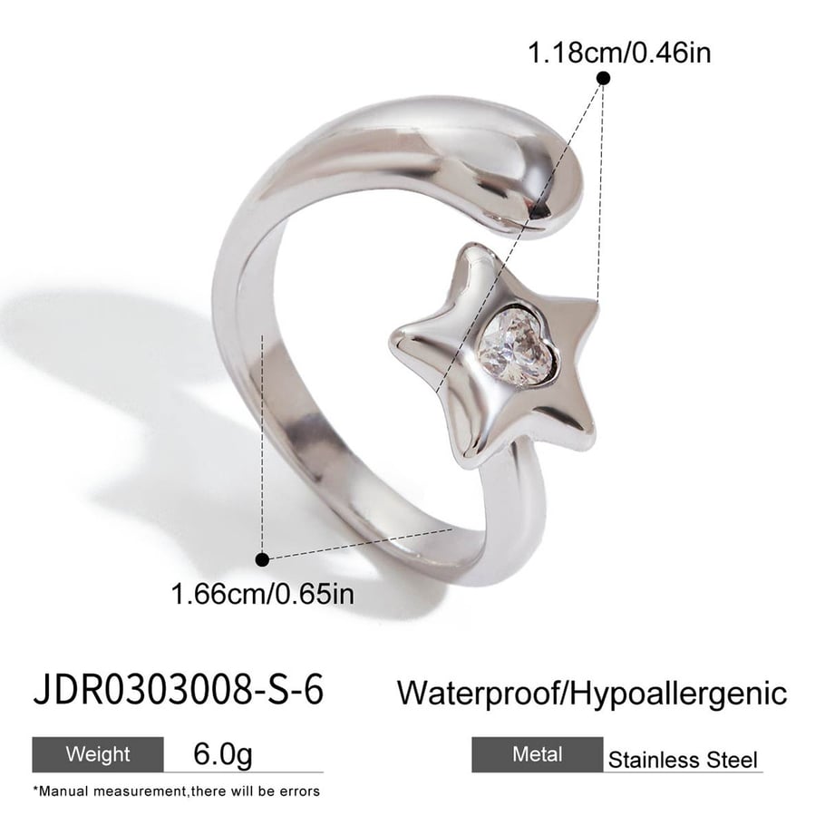Anillos llamativos de acero inoxidable color oro blanco con diseño de estrella de 1 pieza 