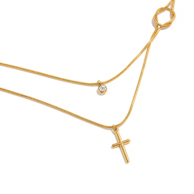 Collar clásico en capas de acero inoxidable color dorado con cruz para mujer, 1 pieza h5 Imagen7
