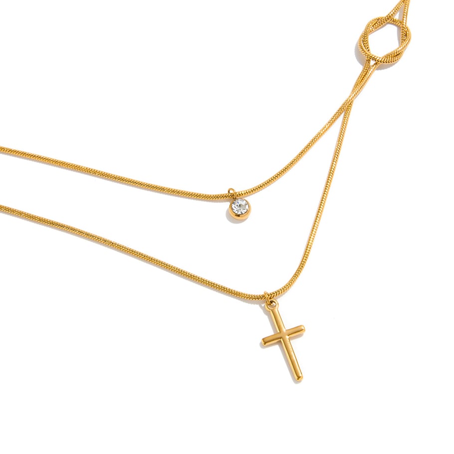 Collar clásico en capas de acero inoxidable color dorado con cruz para mujer, 1 pieza Imagen7