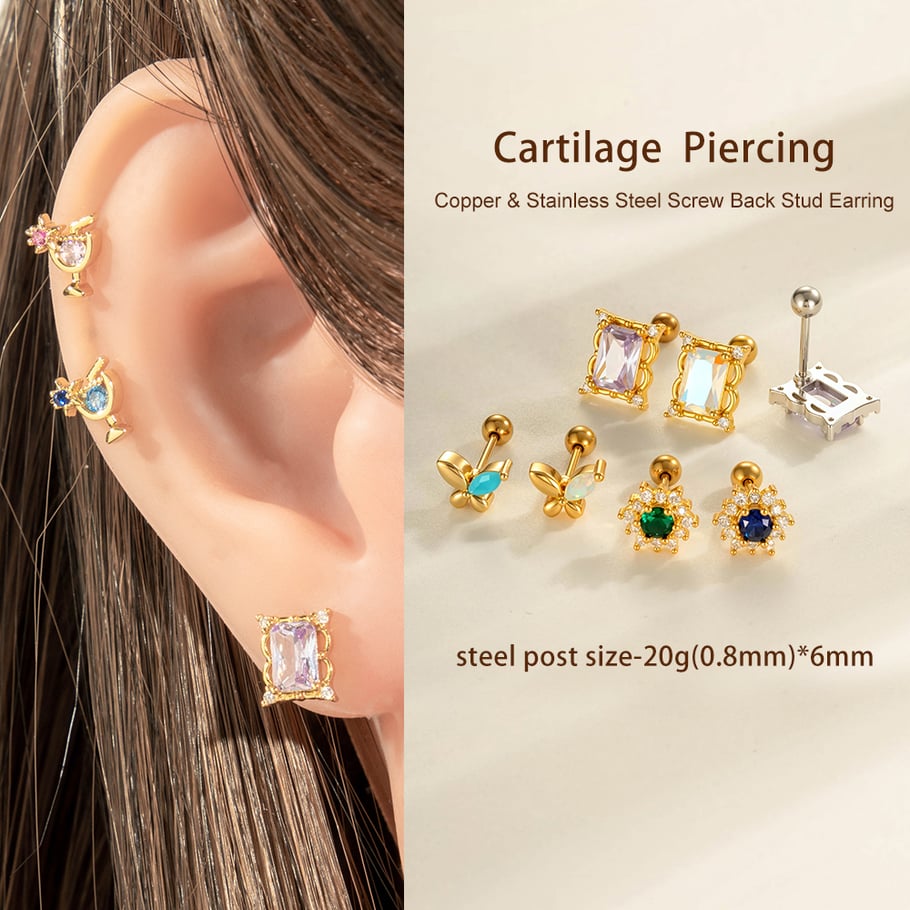 1 Adet Kelebek Bakır Altın Rengi Zirkonyum Piercing Küpe Resim4