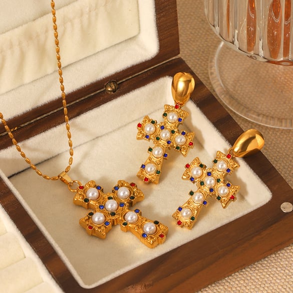 Daily Cross Stainless Steel   Gold Color  Zircon Women's Pendant Necklaces