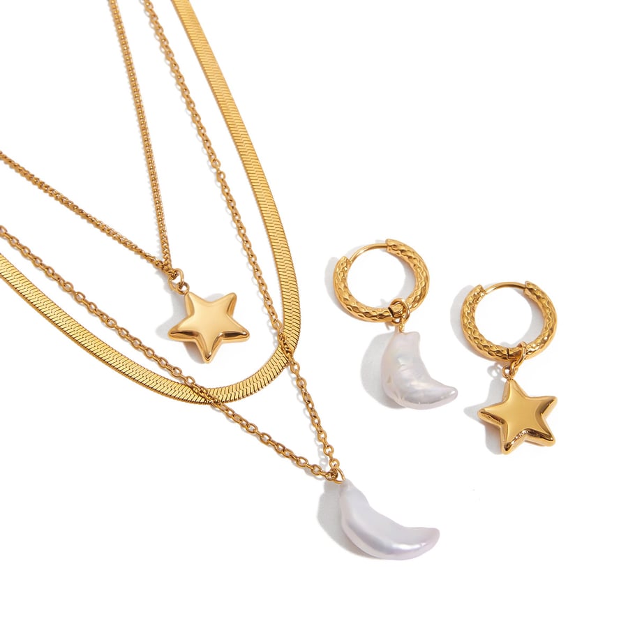 Conjunto de joyería clásica de acero inoxidable con perlas de agua dulce de 1 pieza, sol y luna, para mujer Imagen10