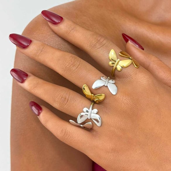 1 Piece Natural Butterfly Stainless Steel  Gold Color Statement Rings 2