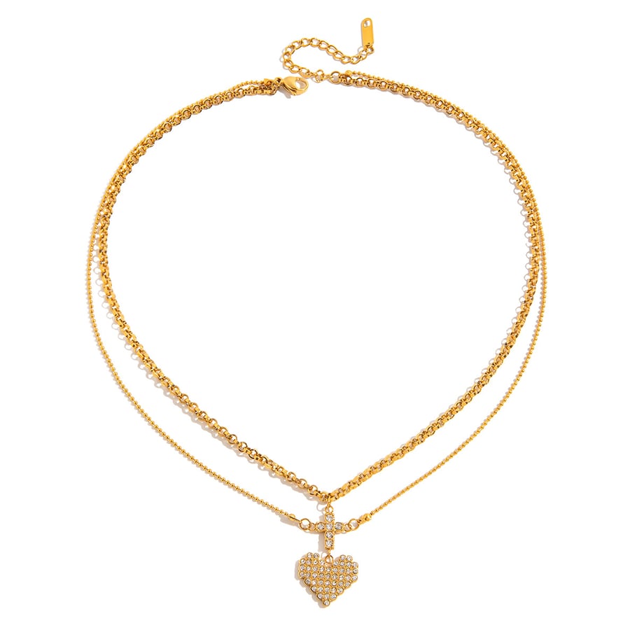 Collar de capas para mujer de acero inoxidable color dorado con corazón romántico de 1 pieza 