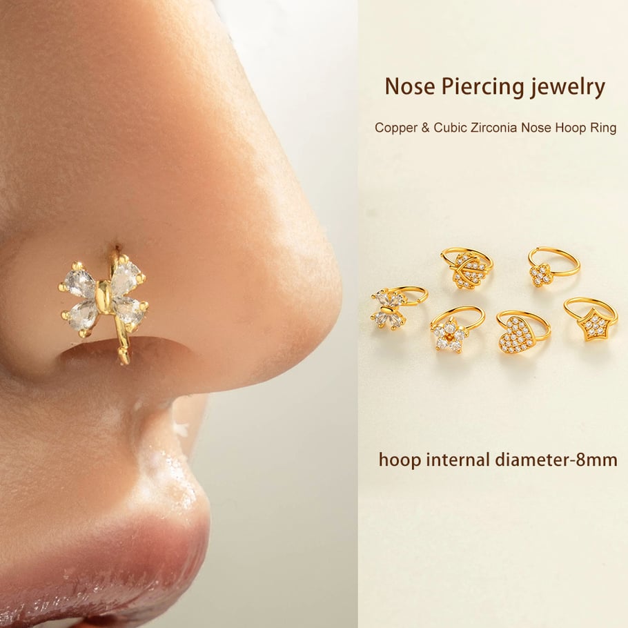 1 Piece Heart Copper Gold Color Zircon Nose Ring h5Picture4