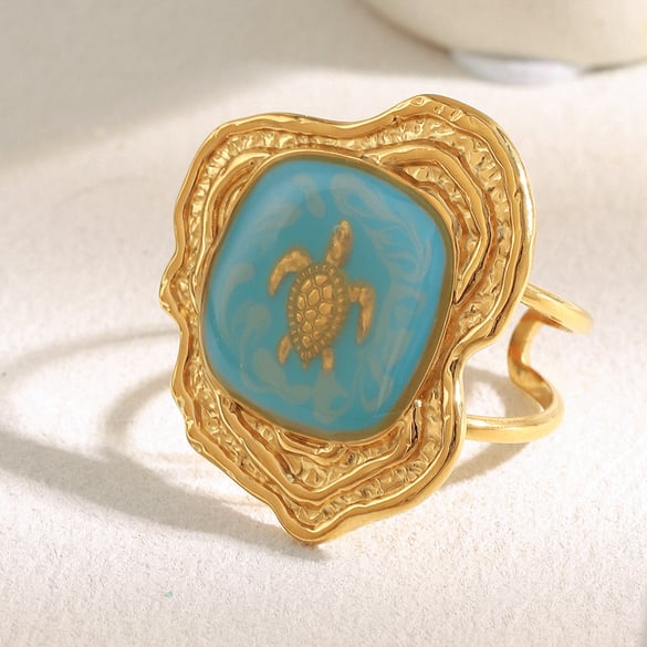 Bague de déclaration en acier inoxydable, série romantique, motif tortue de vacances, 1 pièce