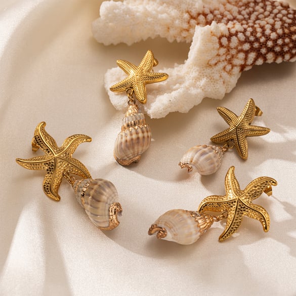 1 Pair Starfish Stainless Steel Gold Color Shell Drop Earrings