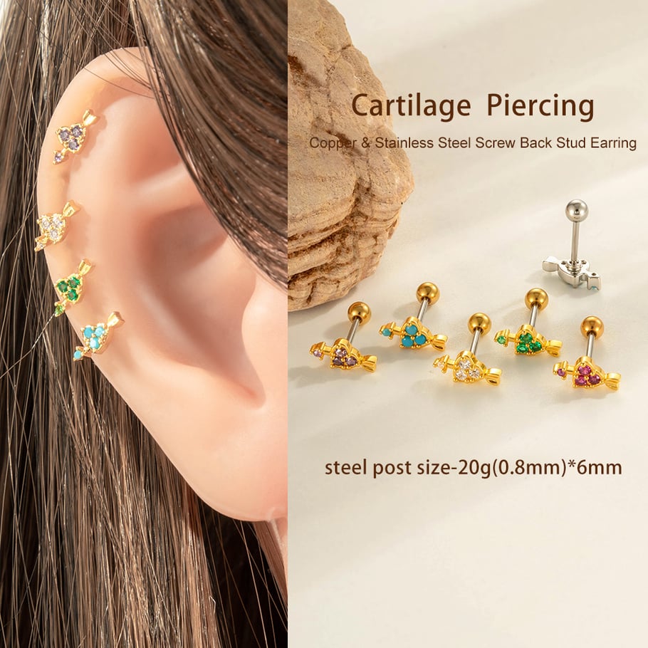 1 Piece Heart Copper Gold Color Zircon Piercing Earring h5Picture4