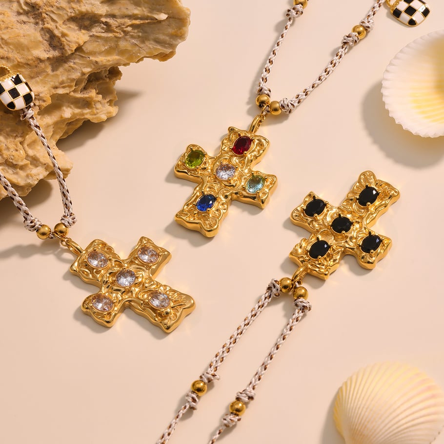 1 pezzo classico croce perline perle in acciaio inossidabile color oro zircone collane con ciondolo da donna Immagine6