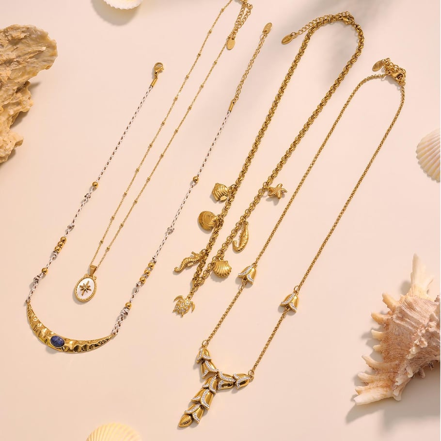 Collana con ciondolo da donna in pietra naturale color oro, 1 pezzo, in acciaio inossidabile chic Immagine3