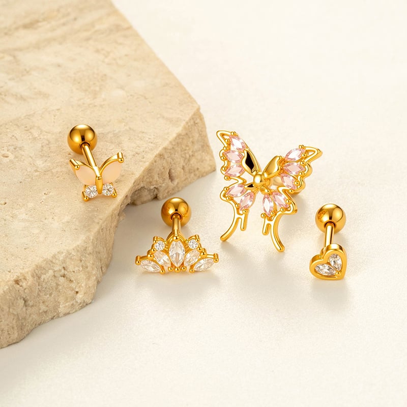 1 pieza de delicados pendientes de mariposa con circonitas color cobre y dorado. Imagen4