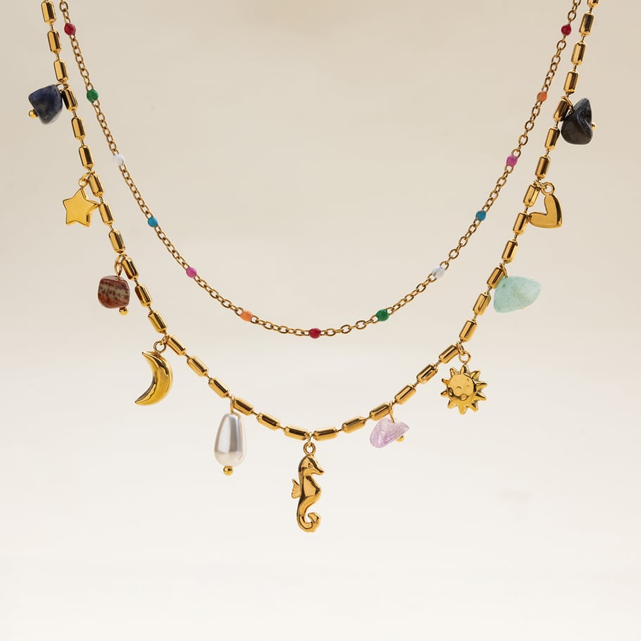 Collar en capas de acero inoxidable dorado con diseño de caballito de mar de vacaciones para mujer de 1 pieza Imagen7
