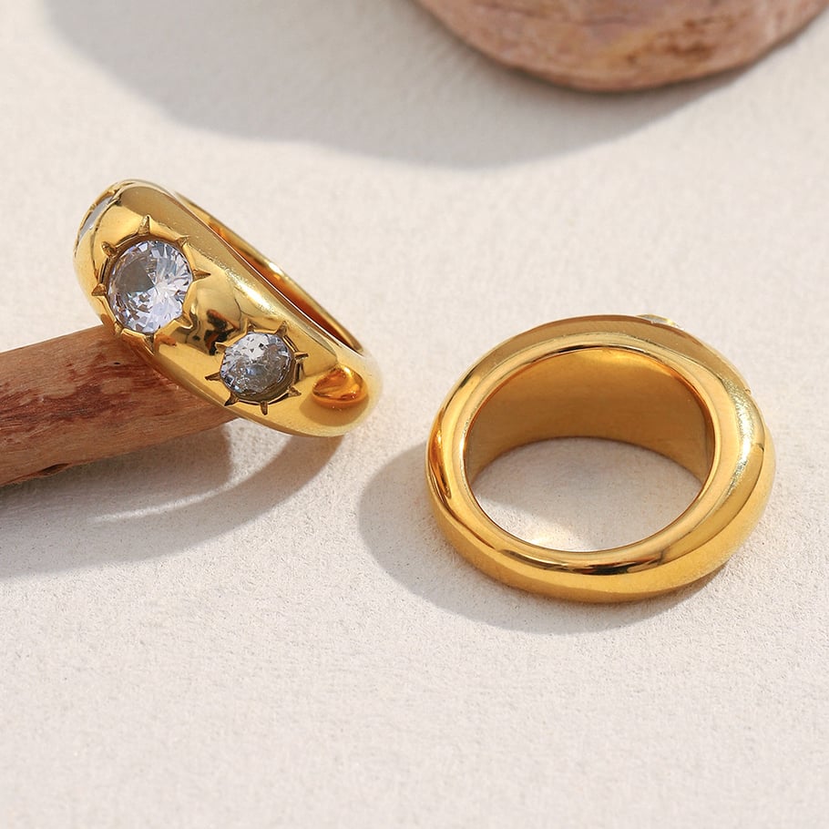 1 Piece Glamorous Round Stainless Steel Gold Color Gemstone Rings Picture6