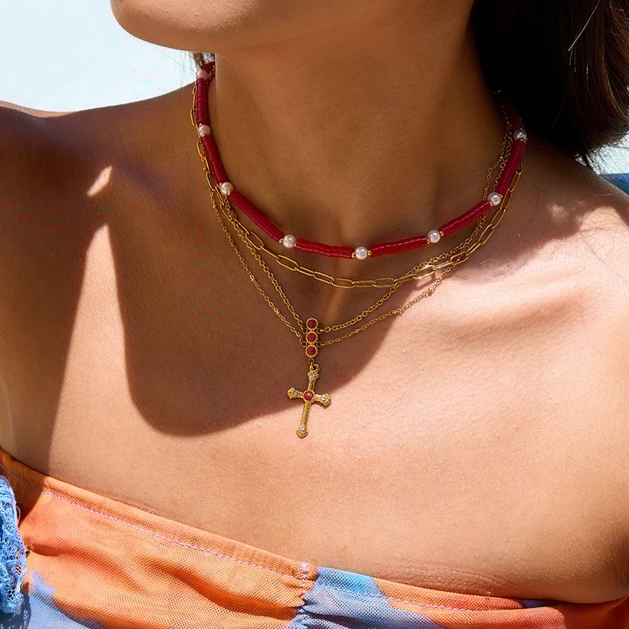 Collier luxueux en acier inoxydable doré avec croix rouge pour femme, 1 pièce Image4