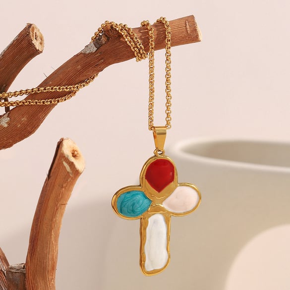 1 Piece Retro Cross Stainless Steel Gold Color Pendant Necklace