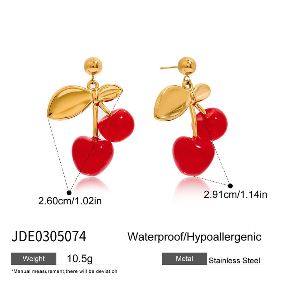 1 par de pendientes colgantes de acero inoxidable color dorado con cereza vívida para mujer Imagen2