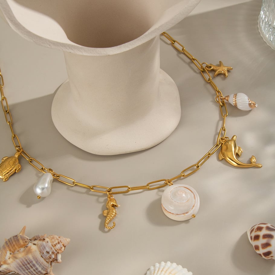 1 stuk natuurlijke schelp roestvrij staal goudkleurige hanger ketting Afbeelding5
