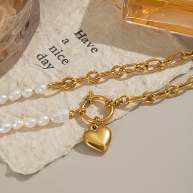 Collana con perle in acciaio inossidabile a forma di cuore, 1 pezzo h5 Immagine5