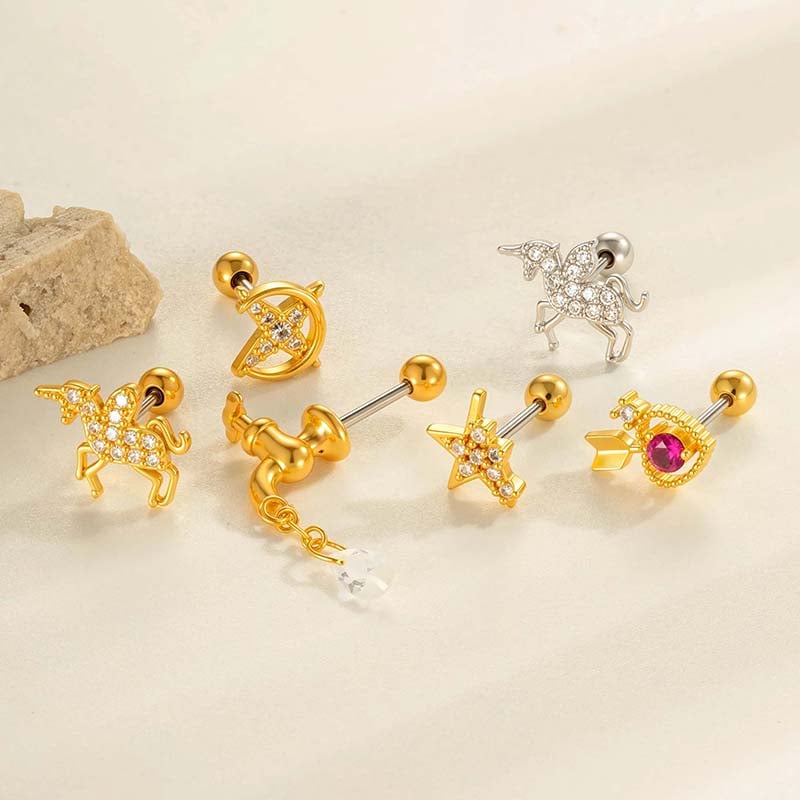 1 pieza de pendientes perforantes de unicornio de cobre, dorado y circonita para mujer. Imagen4