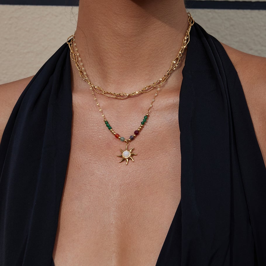 Collier avec pendentif rétro soleil en acier inoxydable couleur or pour femme, 1 pièce h5Image4