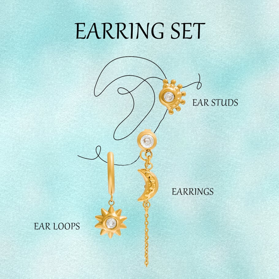 1 juego de pendientes elegantes de acero inoxidable color dorado con diseño de sol y luna para mujer. Imagen8
