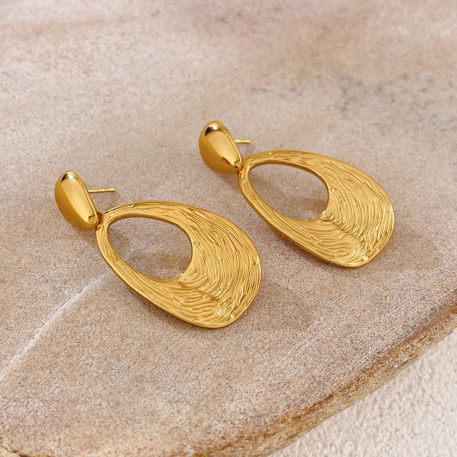 1 paio di orecchini pendenti ovali retrò in acciaio inossidabile color oro da donna Immagine4